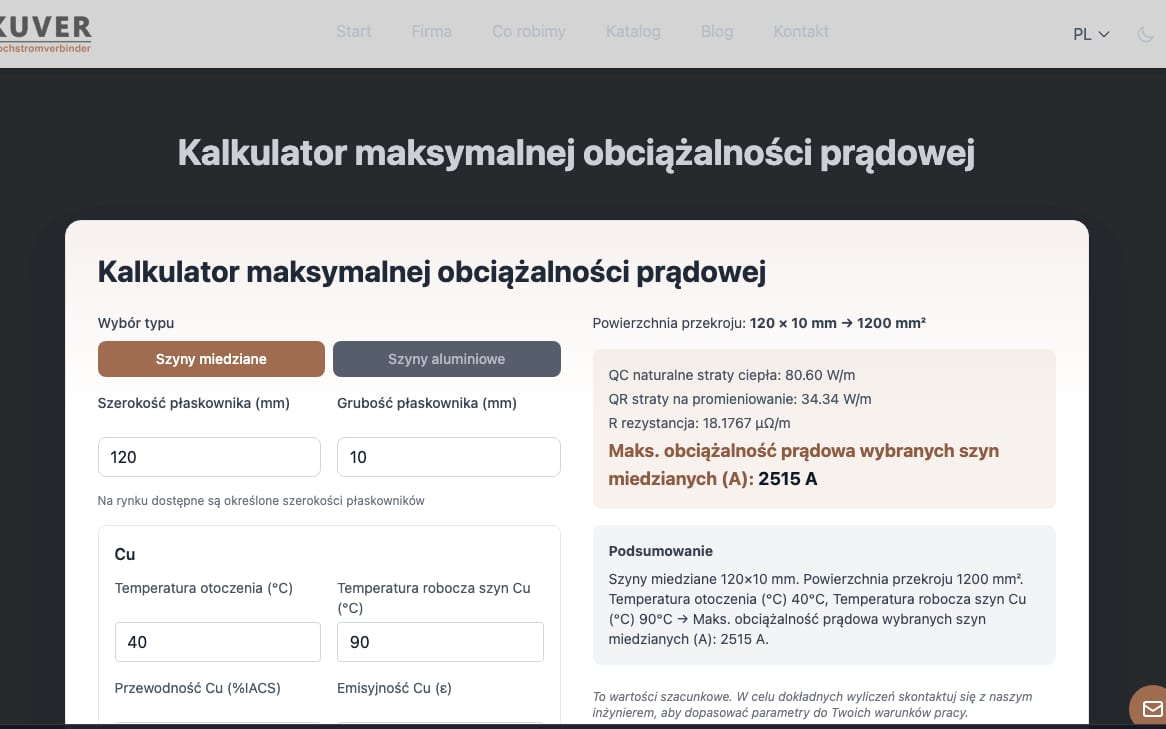 Kalkulator obciążalności prądowej szyn: wymiary i temperatury po lewej, wynik 2515 A po prawej.