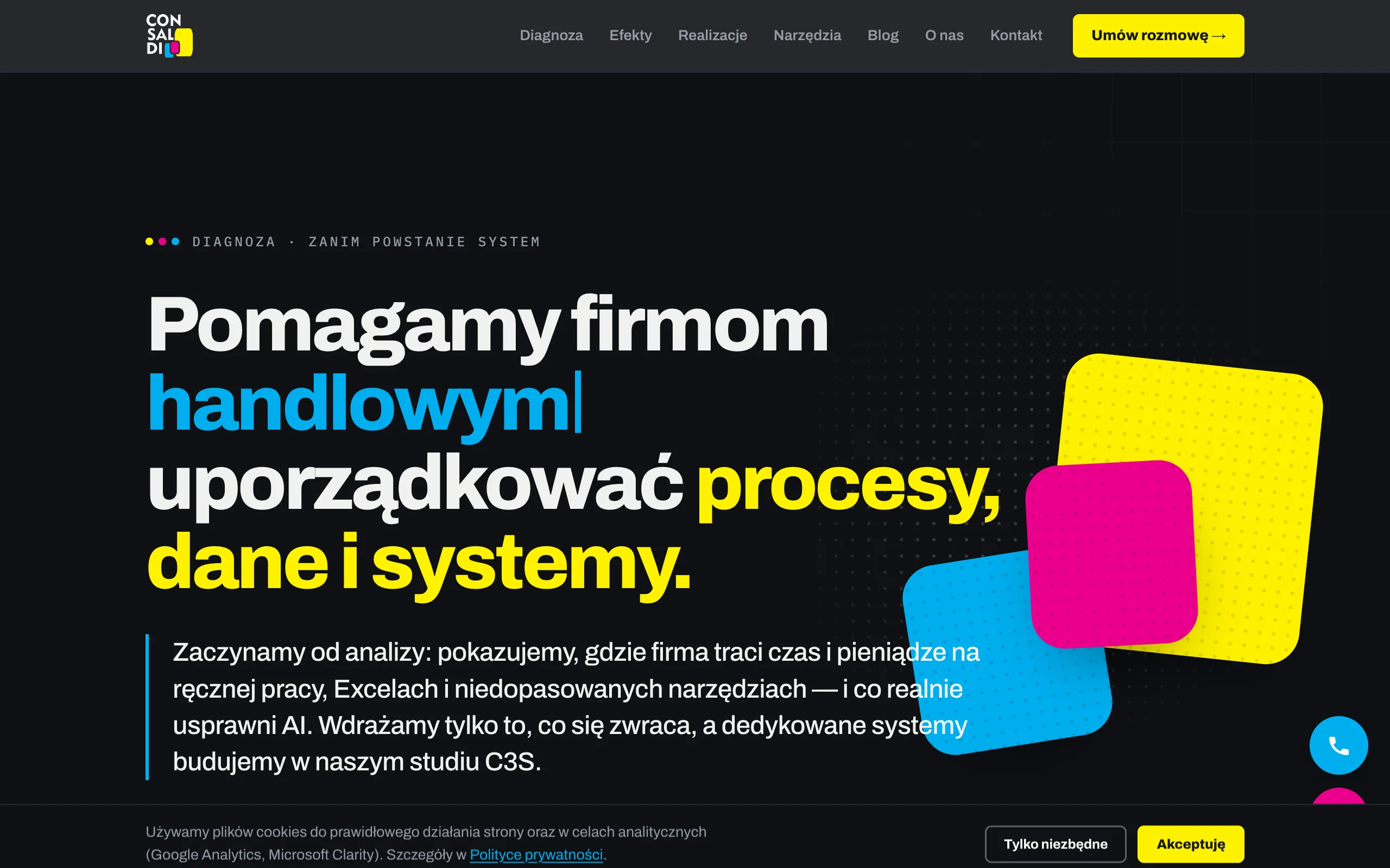 The refreshed consaldi.pl homepage - a professional, orderly layout with a section on diagnosing processes and technology for companies