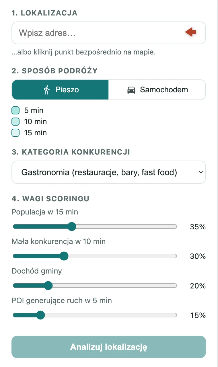 The analysis configuration panel in localscope.pl: location, walking or driving mode, competition category and scoring weight sliders