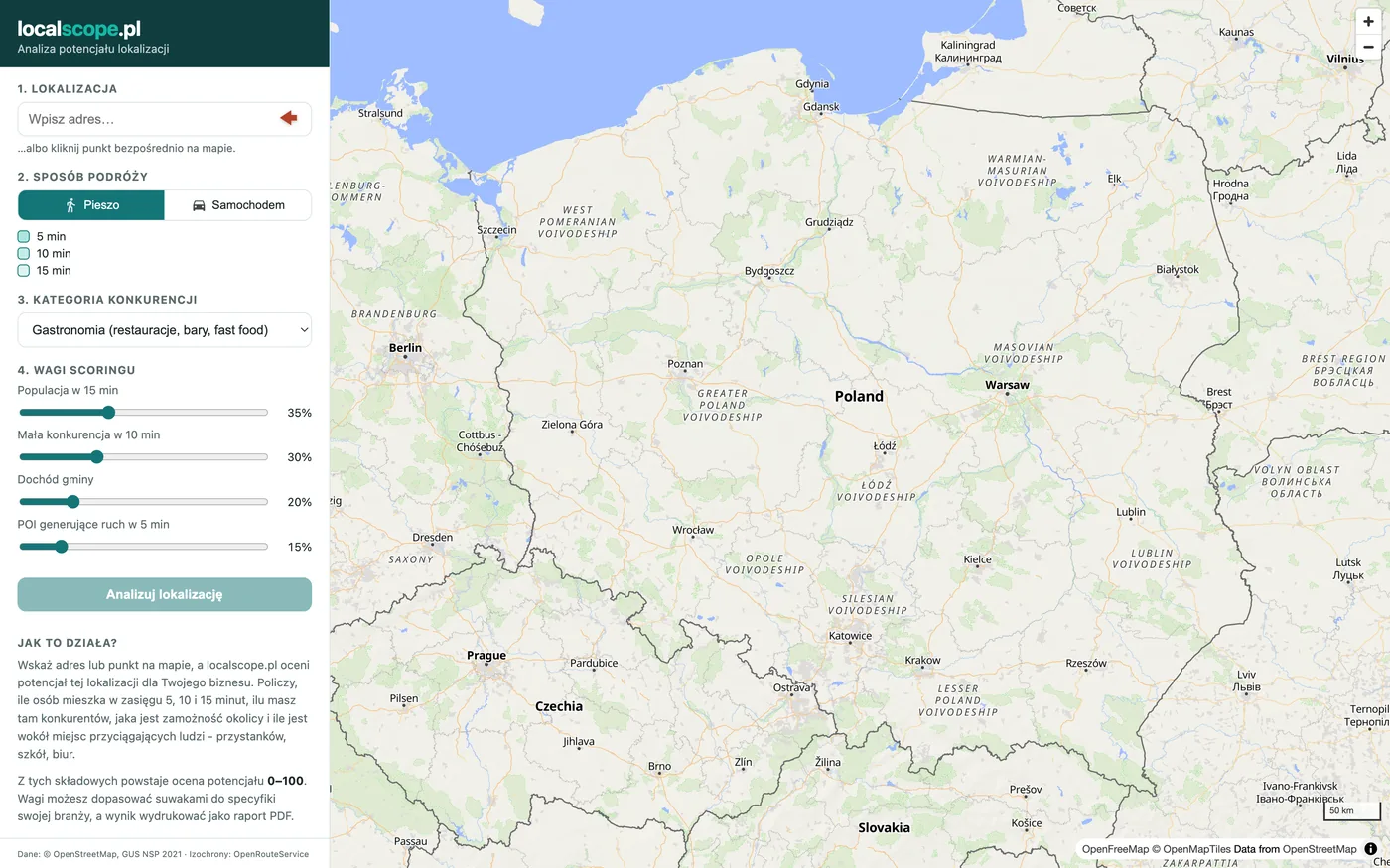 localscope.pl - map of Poland with the location analysis panel: address, travel mode, competition category and scoring weights