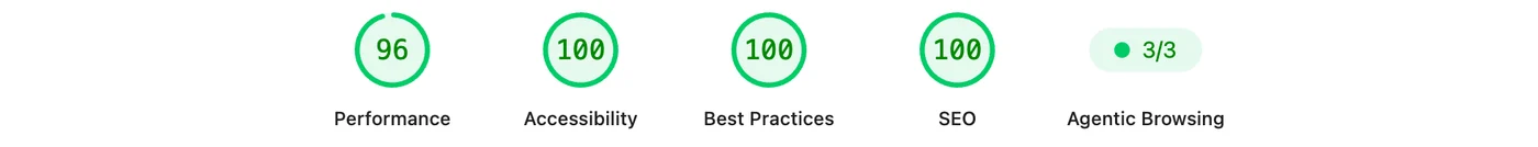 Lighthouse for the new home page on a phone: performance 96, accessibility 100, best practices 100, SEO 100