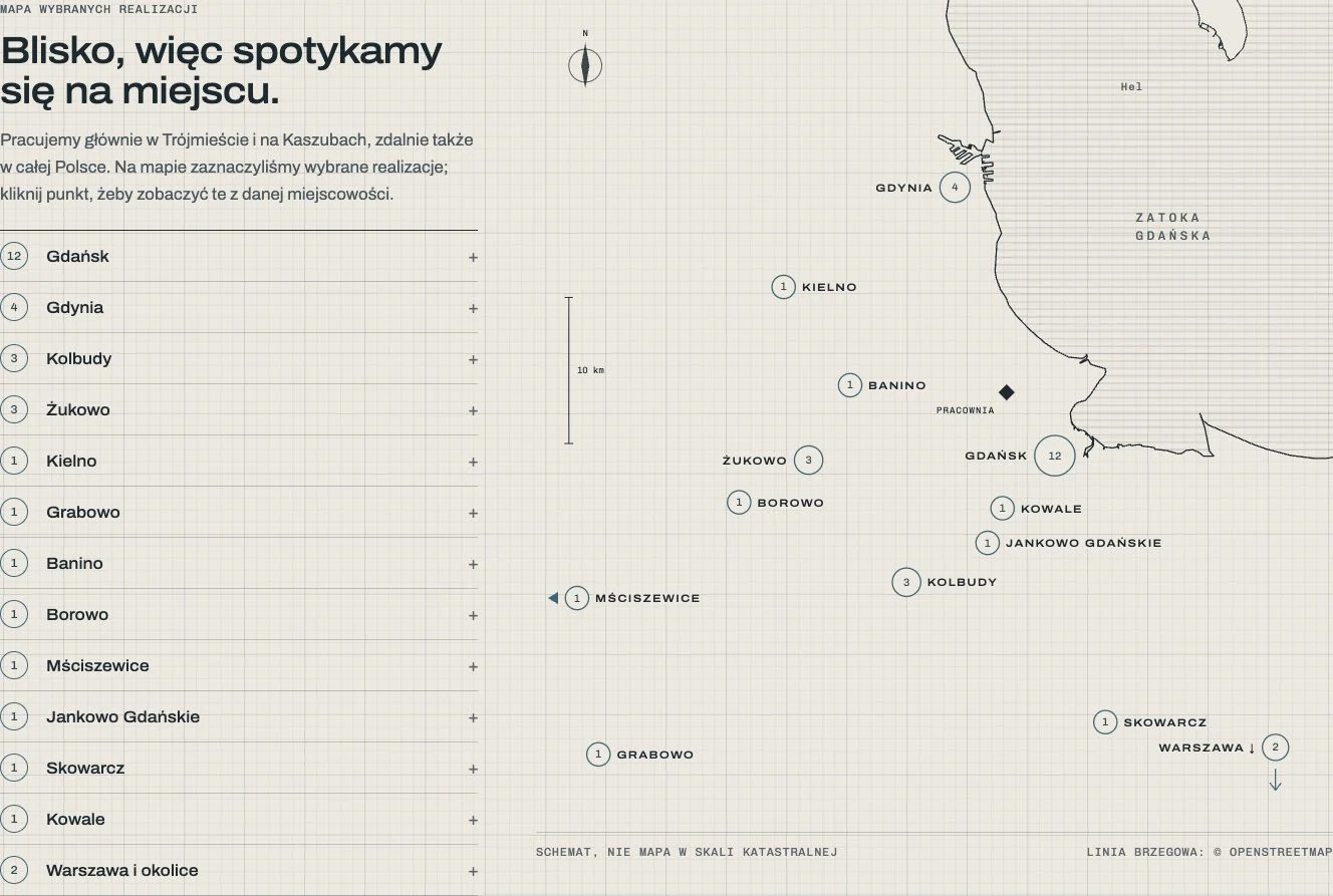 The map of Smart Architektura's projects with the coastline of the Bay of Gdańsk and the towns where projects were built
