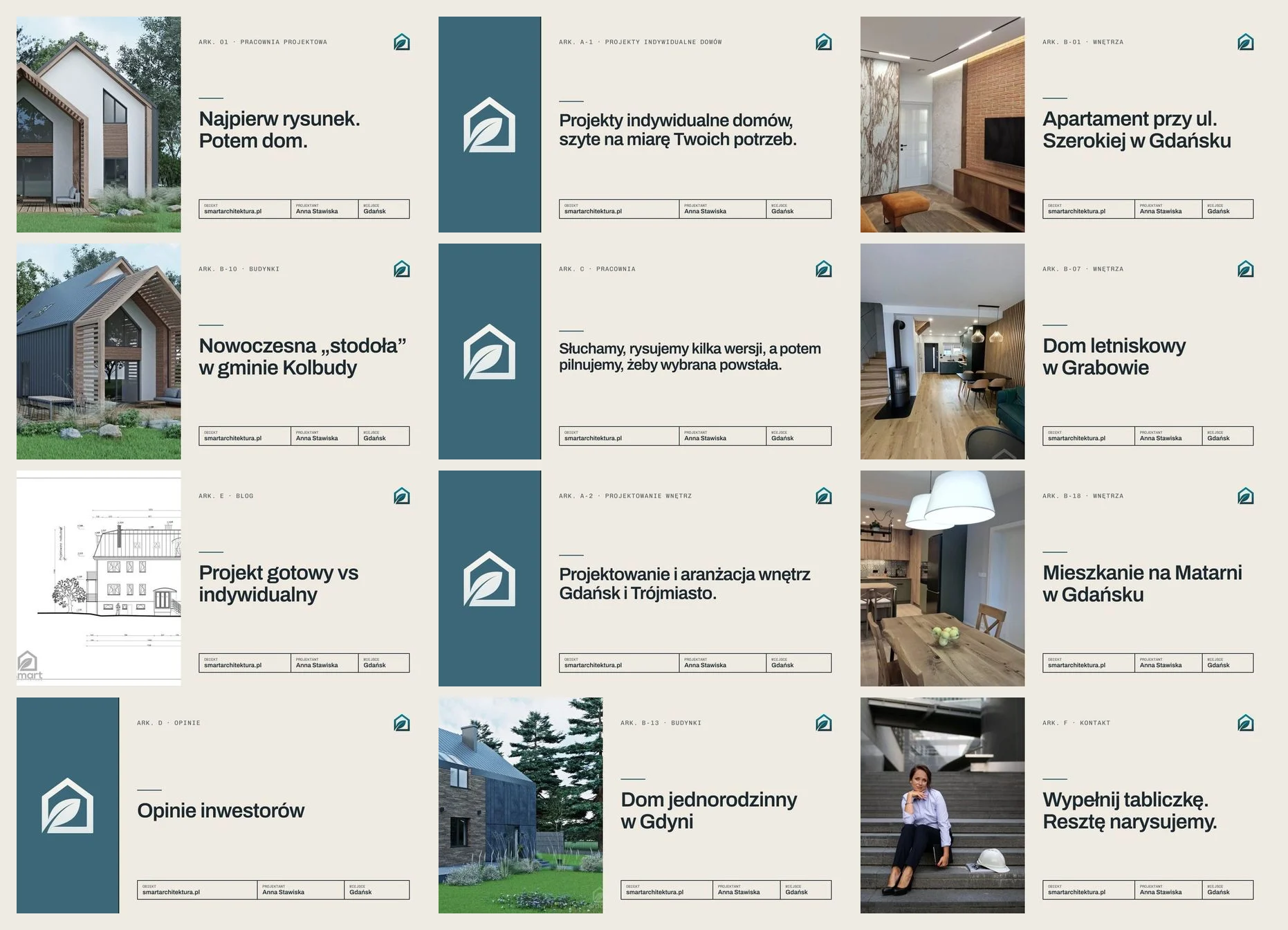 12 of the 73 sharing images - each with the page title, a sheet number and a photo of the project