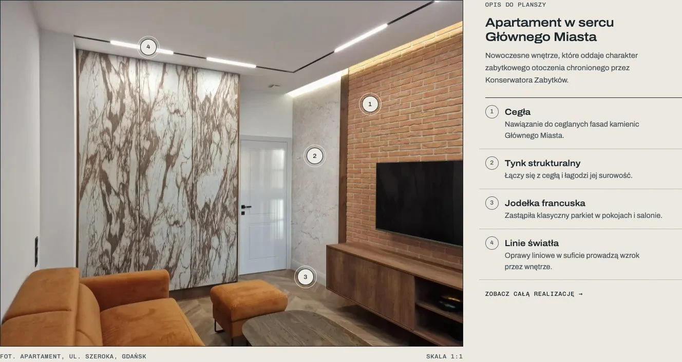 An apartment on Szeroka Street in Gdańsk - an interior photo with numbered material pins: brick, textured plaster, herringbone parquet, light lines