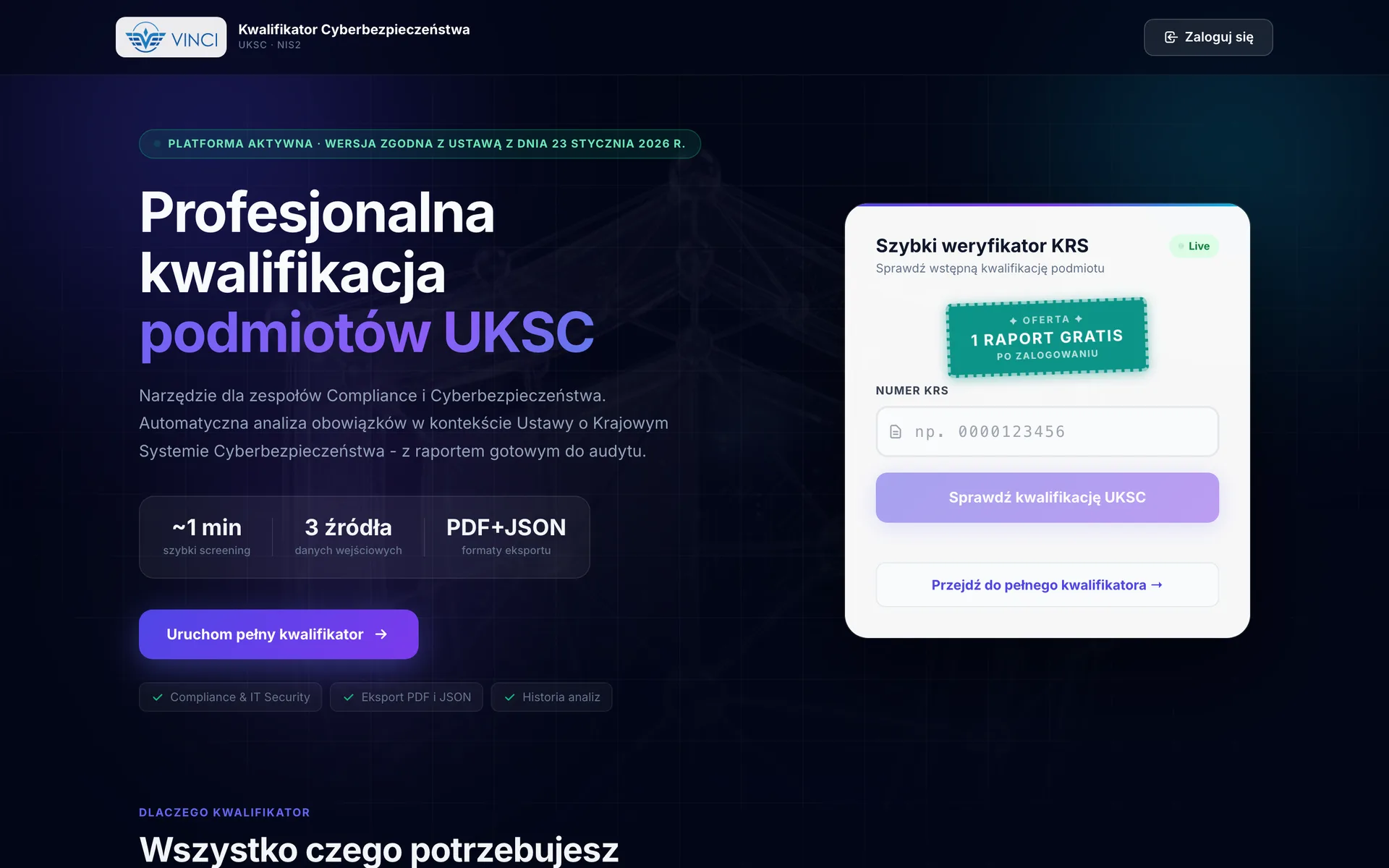 Strona główna uksc.pl - Kwalifikator Cyberbezpieczeństwa UKSC z szybkim weryfikatorem numeru KRS