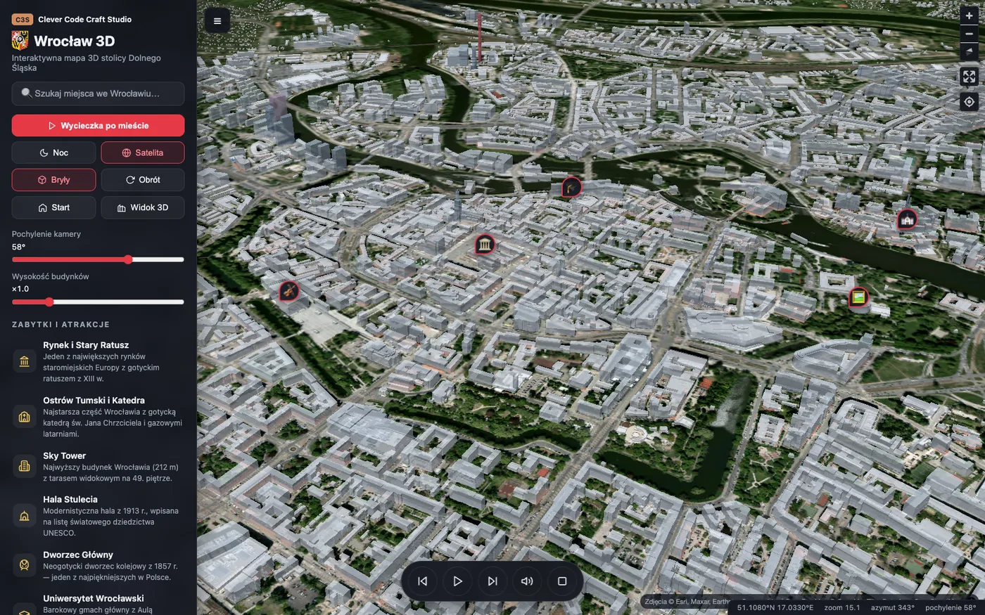 Hybrid 3D view of Wrocław in the vector version of wro3d.pl - satellite imagery, extruded buildings and the landmarks panel